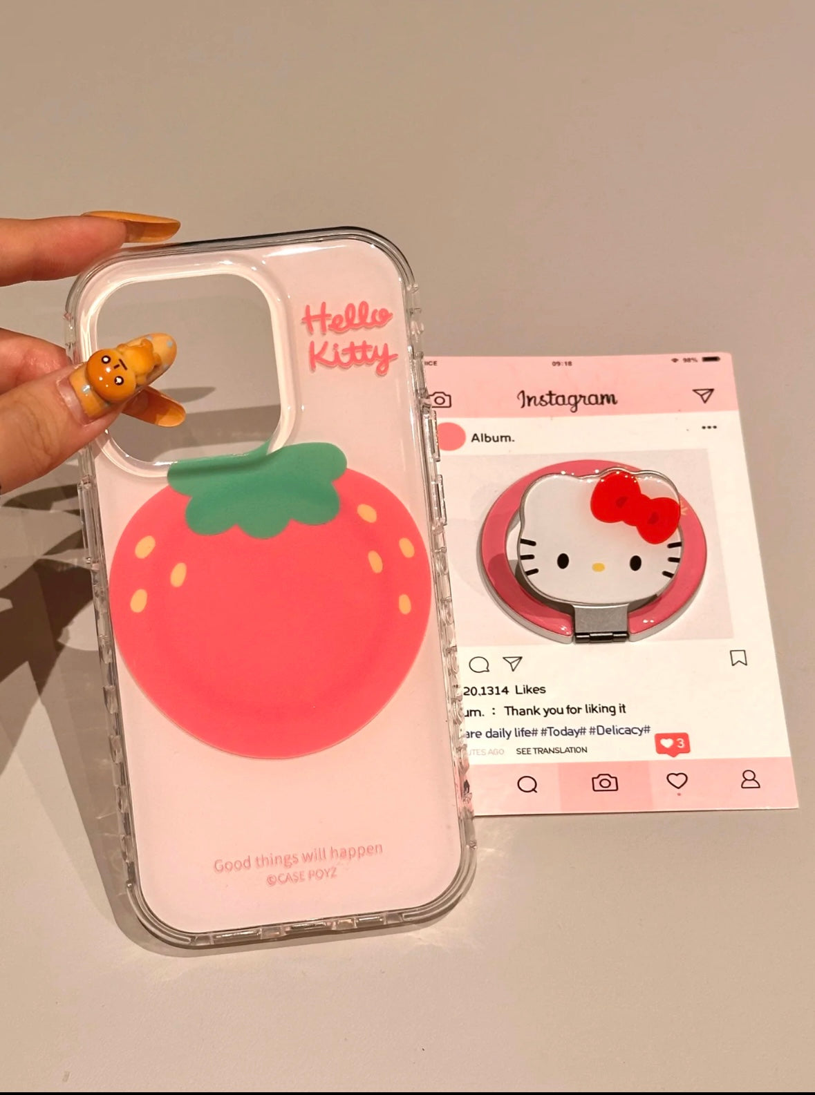 Hellokitty Pink Strawberry Clear Cute Kawaii MagSafe Case + MagSafe Stand Holder / Phone Grip #0511