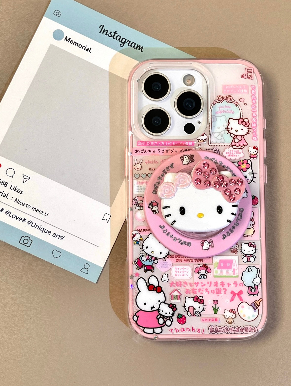 Hellokitty Pink Cute Kawaii MagSafe Case + MagSafe Stand Holder / Phone Grip #0508
