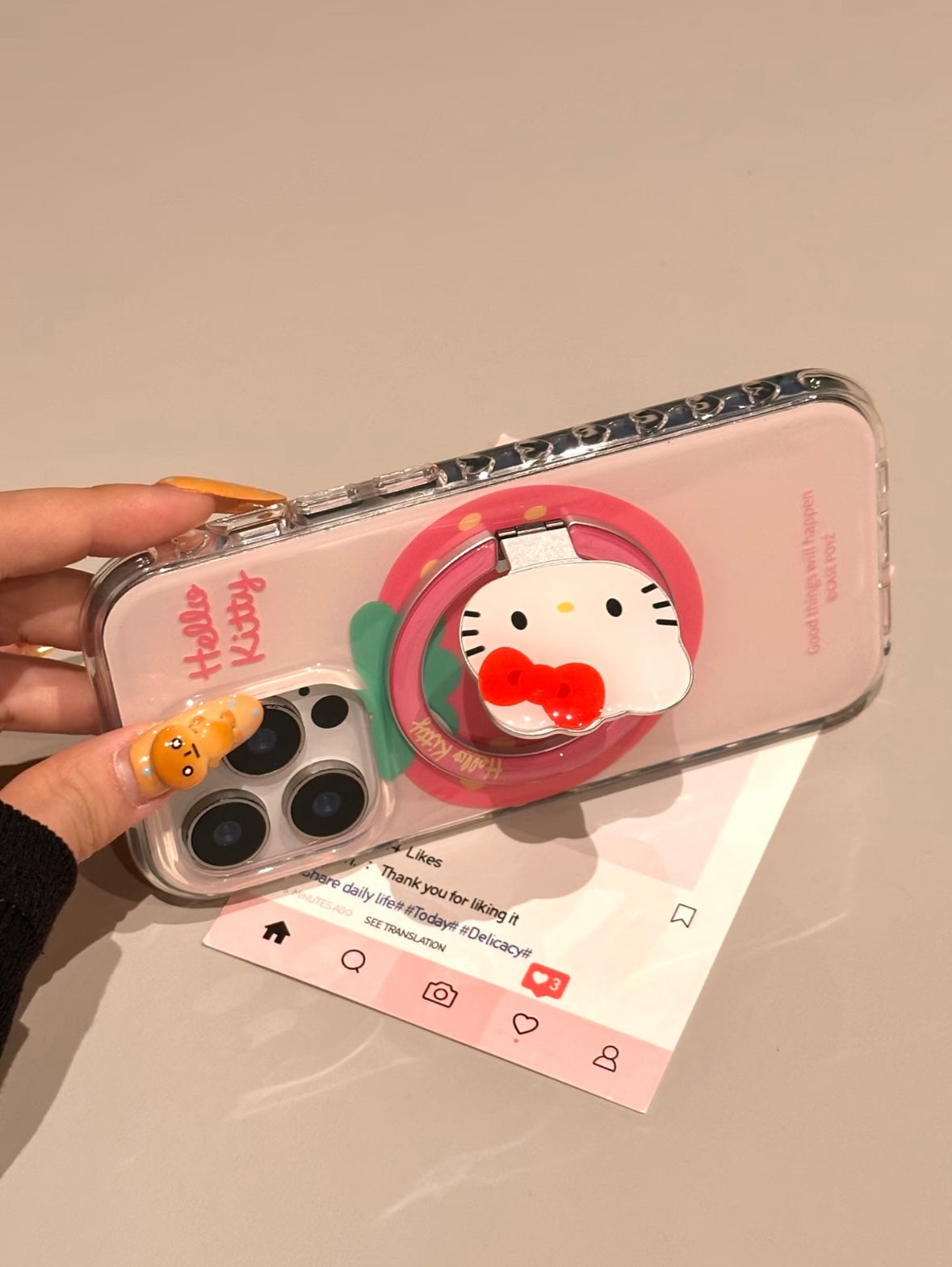 Hellokitty Pink Strawberry Clear Cute Kawaii MagSafe Case + MagSafe Stand Holder / Phone Grip #0511