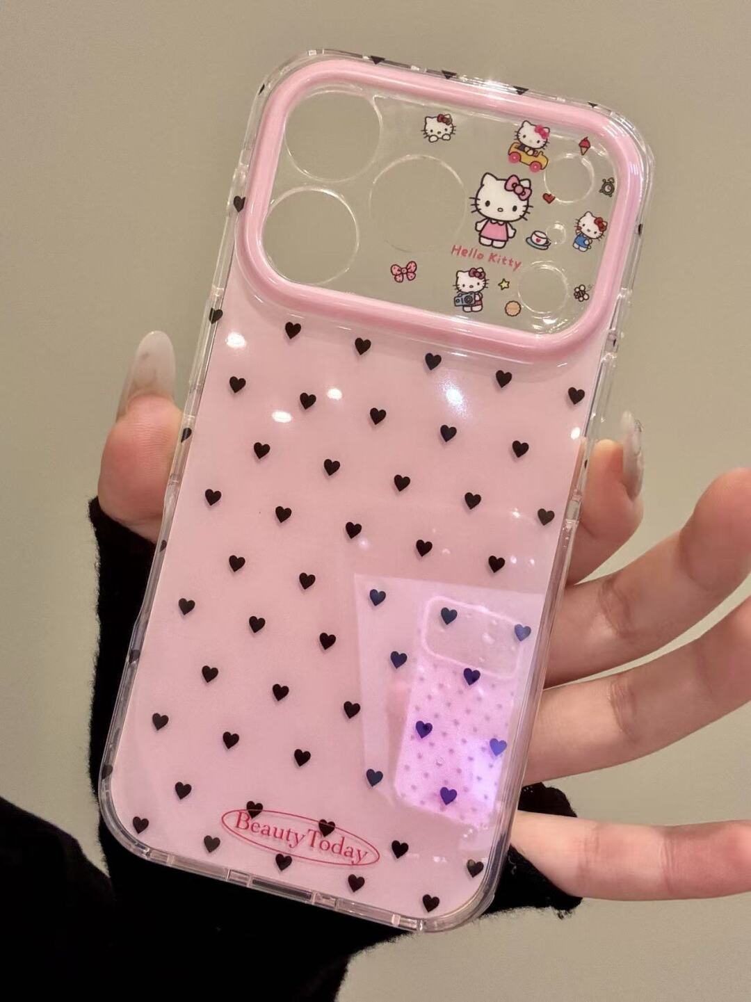 Hellokitty Black Heart Print Pink Cute Kawaii Phone Case #600