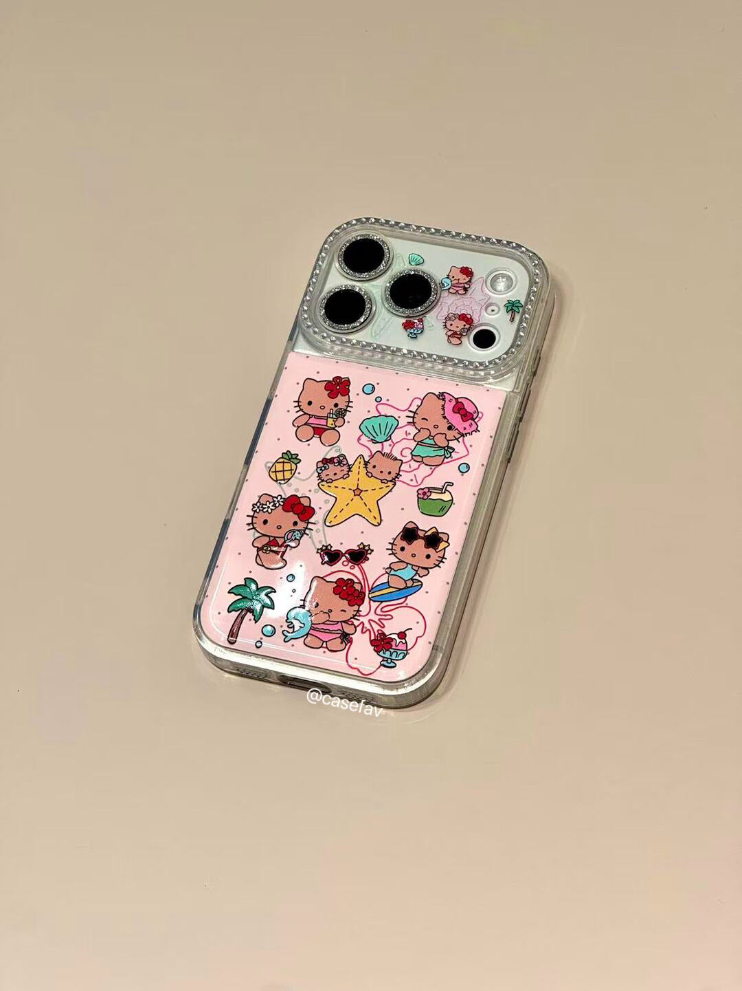 Hello Kitty Pink Hawaii Rhinestone-Embellished Lens Frame Phone Case #627