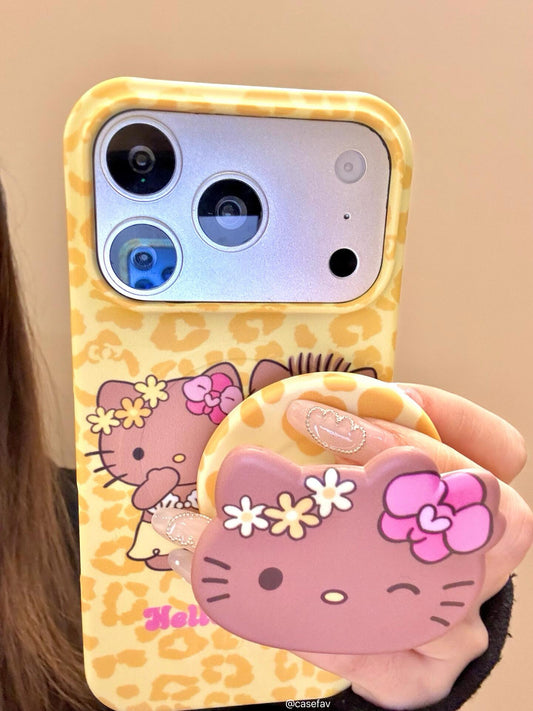 Hello Kitty & Daniel Yellow Leopard Print MagSafe Case + MagSafe Stand Holder / Phone Grip #0634
