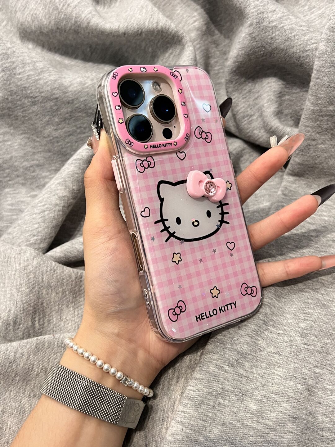 Hellokitty Pink and White Plaid Cute Kawaii Phone Case #0503
