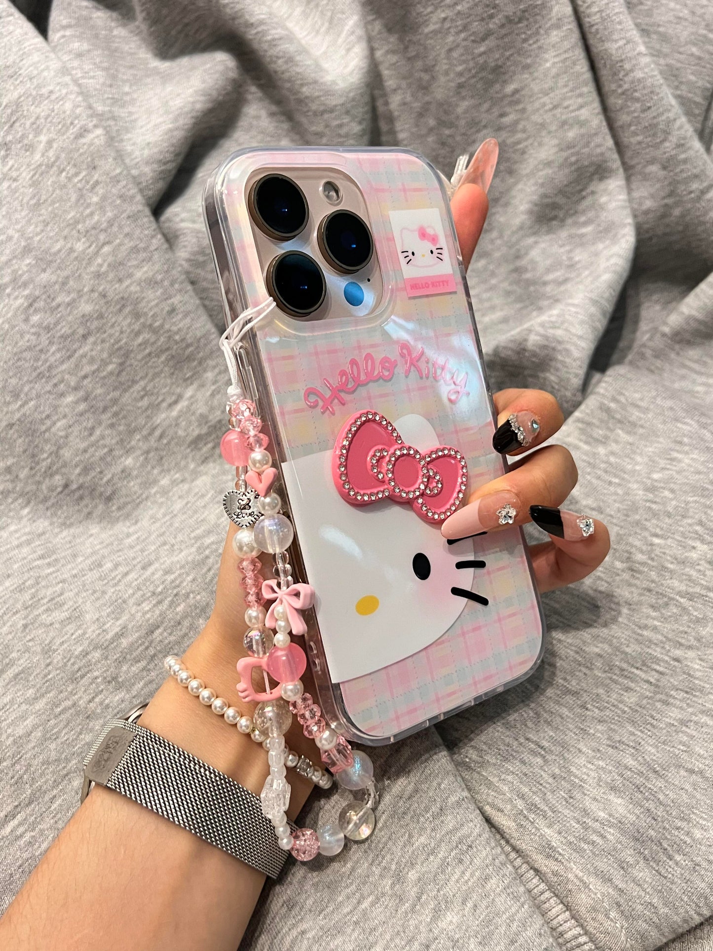 Hellokitty Half Face Plaid Cute Kawaii Phone Case #0504