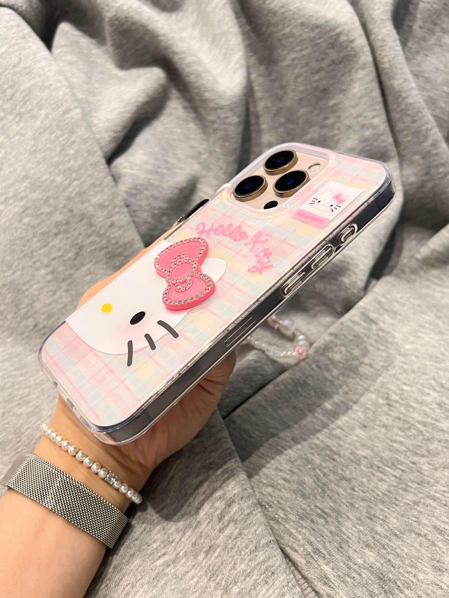 Hellokitty Half Face Plaid Cute Kawaii Phone Case #0504