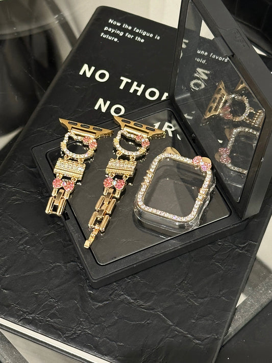 Hellokitty Apple Watch Band Bling Diamond Jewelry Metal Strap Bands with Crystal Tempered Glass Screen Protector Case, Round Shiny Bracelet Wristband for iWatch Series wb#0001