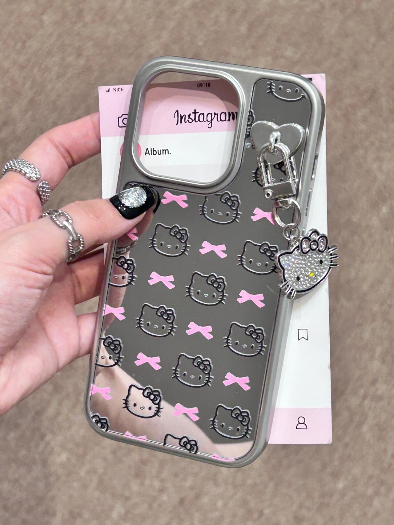 Hellokitty Silver Pink Bow Mirror Case Cute Kawaii Phone Case #0037