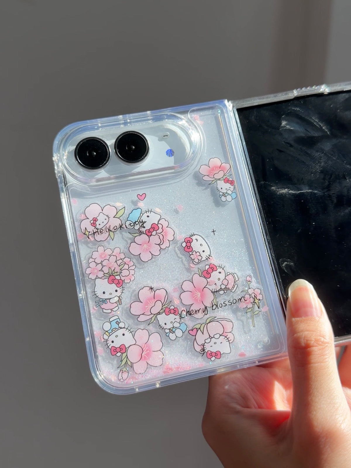Hellokitty Flowers Bling Glitter Liquid Quicksand Clear iPhone Duo Case #0709