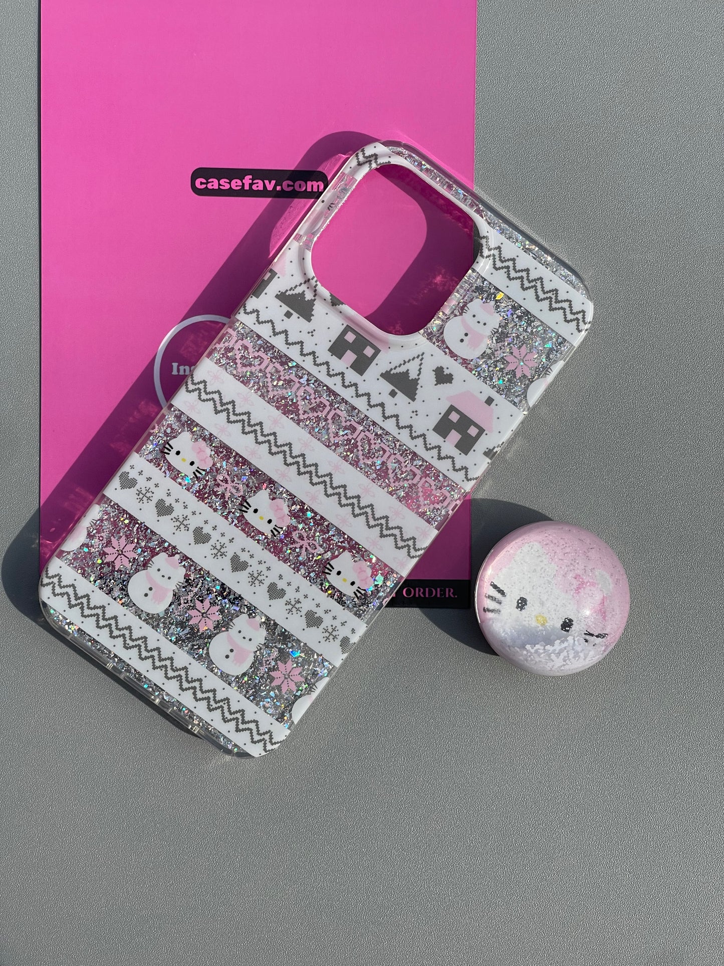 Hellokitty Snowman Glitter Clear Cute Kawaii Phone Case+ Stand Holder / Phone Grip #0361