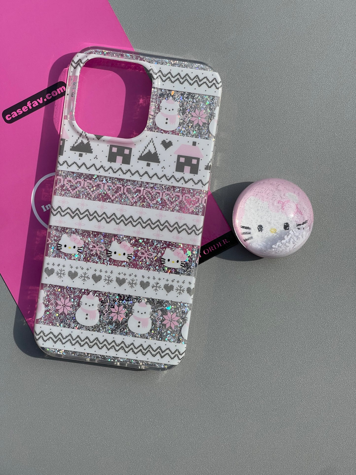 Hellokitty Snowman Glitter Clear Cute Kawaii Phone Case+ Stand Holder / Phone Grip #0361