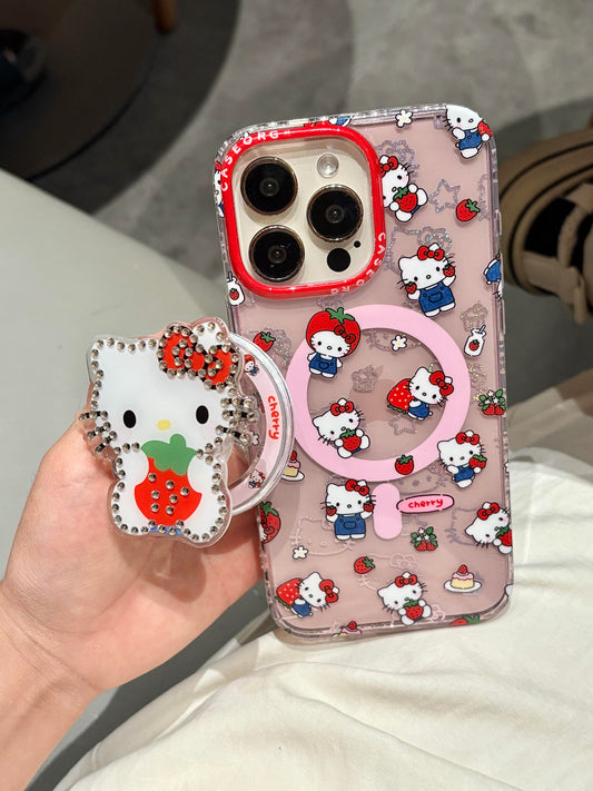 Hellokitty Pink Strawberry Clear Cute Kawaii MagSafe Case + MagSafe Stand Holder / Phone Grip #0498