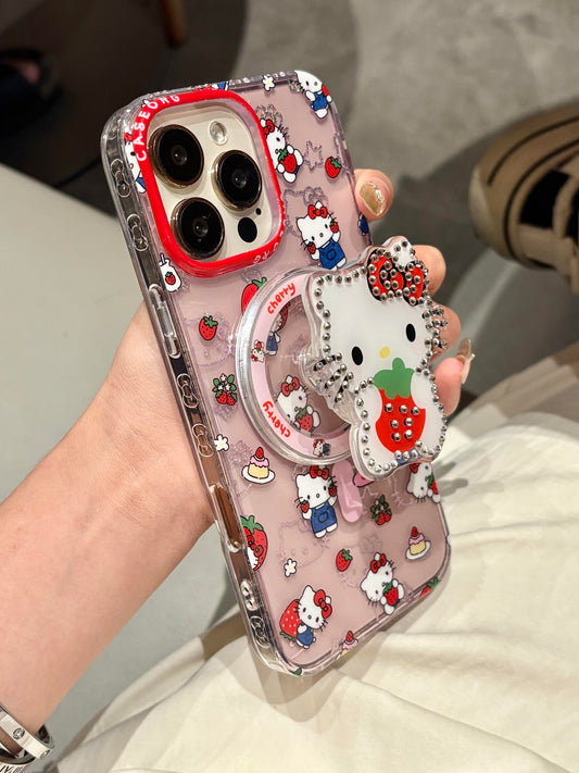 Hellokitty Pink Strawberry Clear Cute Kawaii MagSafe Case + MagSafe Stand Holder / Phone Grip #0498