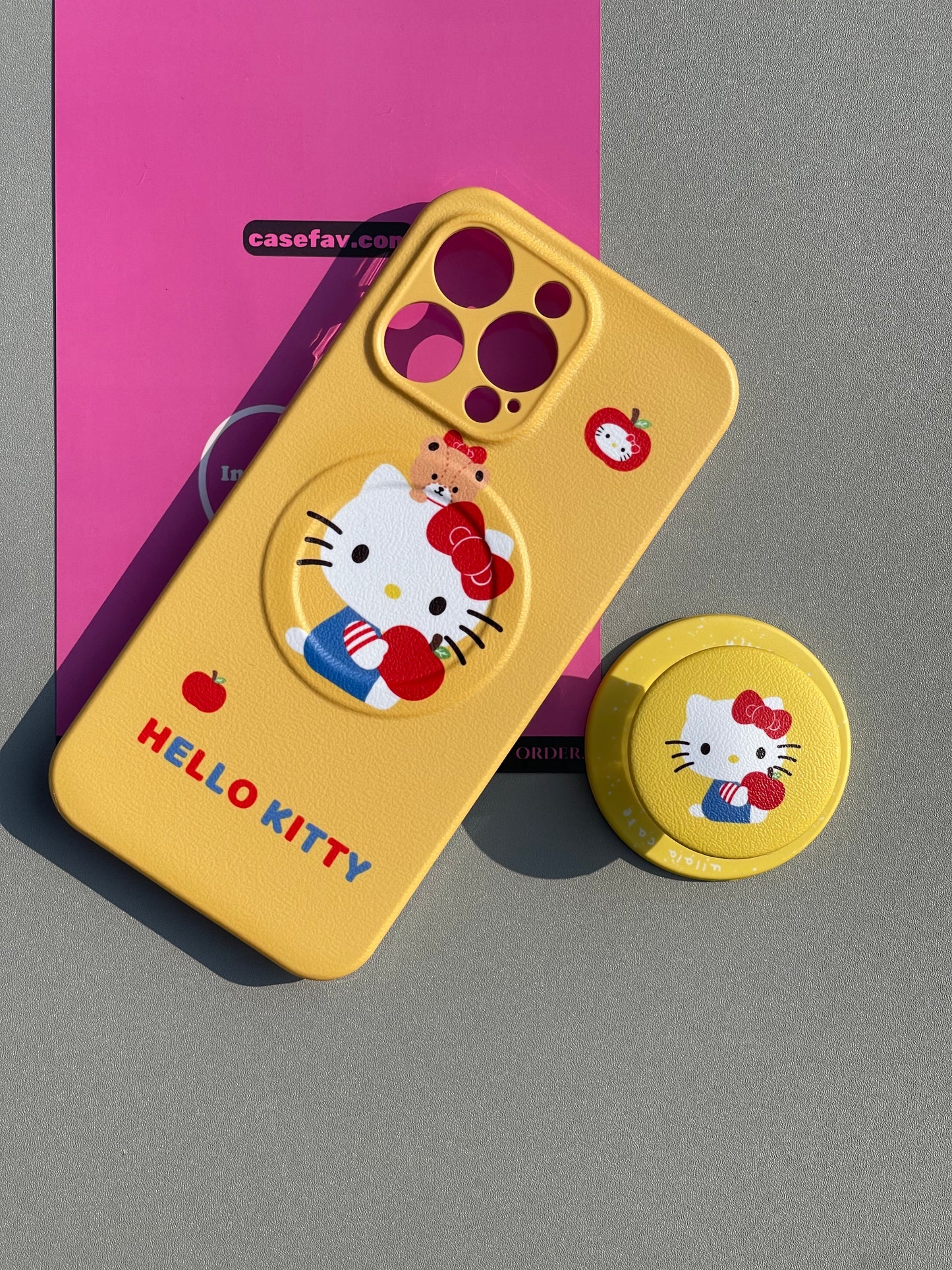 Hellokitty Yellow Cute Kawaii MagSafe Case + MagSafe Stand Holder / Phone Grip #0418