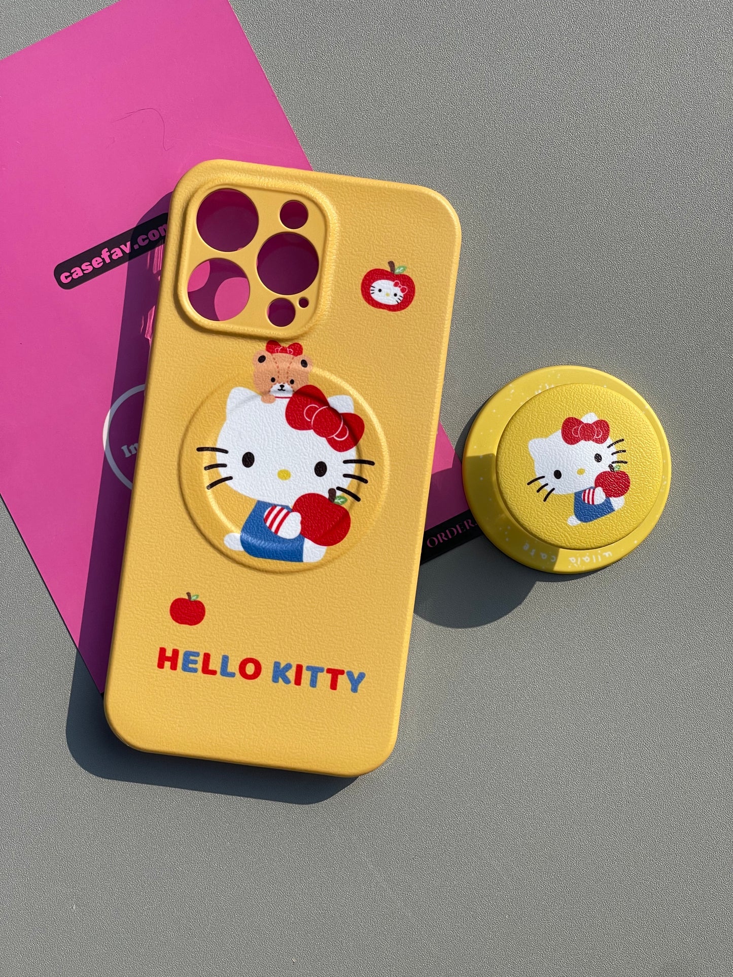 Hellokitty Yellow Cute Kawaii MagSafe Case + MagSafe Stand Holder / Phone Grip #0418