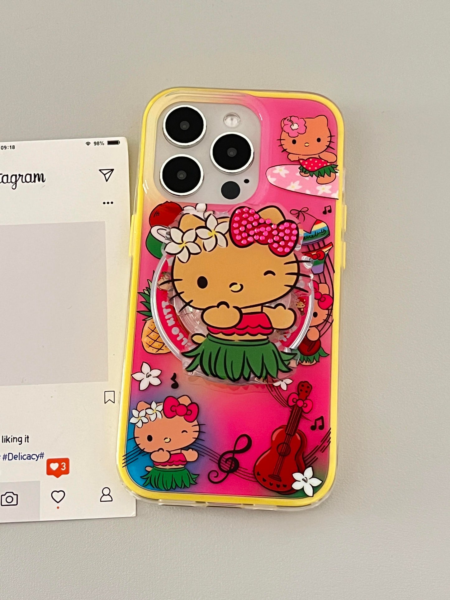 Hawaii Tan Hellokitty Vacation Cute Kawaii MagSafe Case + MagSafe Stand Holder / Phone Grip #0490