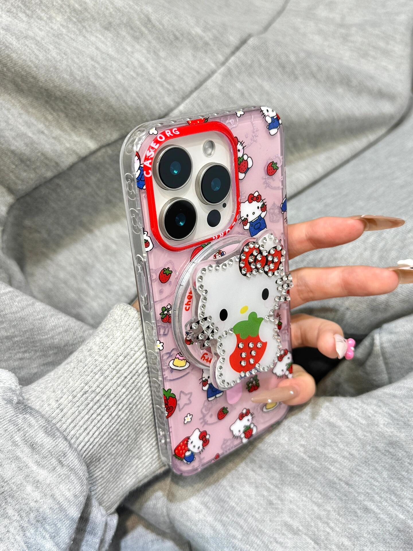Hellokitty Pink Strawberry Clear Cute Kawaii MagSafe Case + MagSafe Stand Holder / Phone Grip #0498