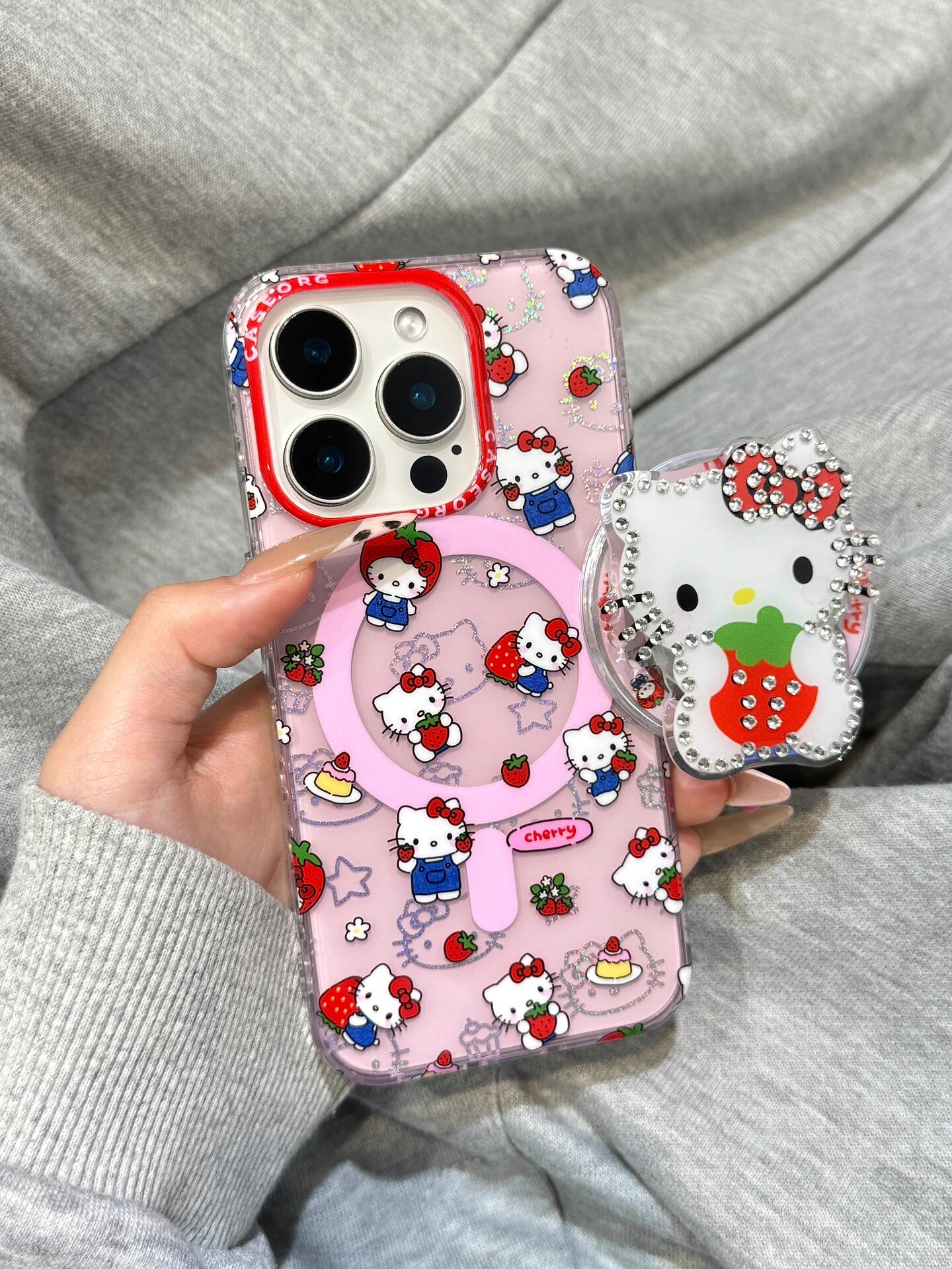 Hellokitty Pink Strawberry Clear Cute Kawaii MagSafe Case + MagSafe Stand Holder / Phone Grip #0498