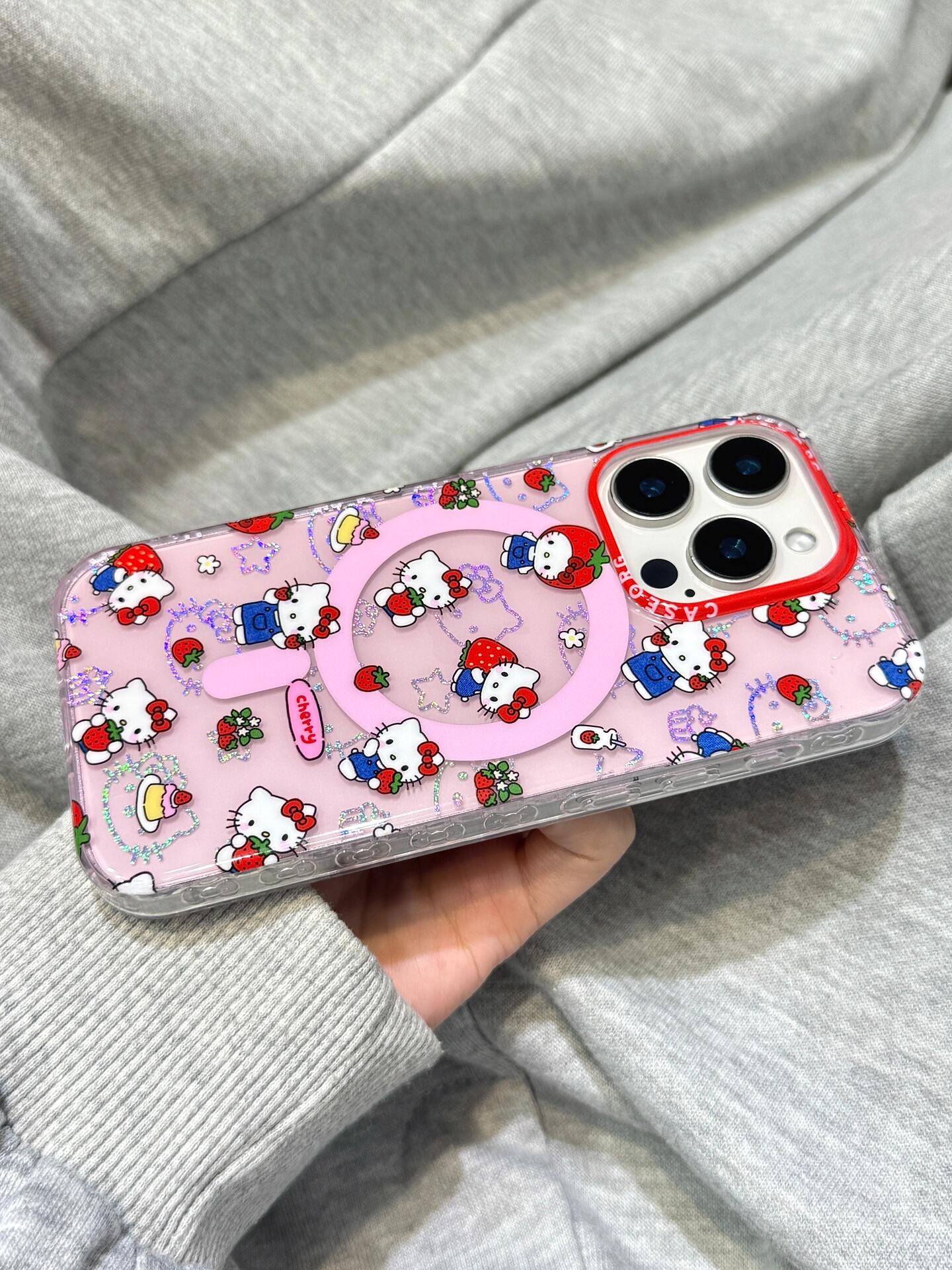 Hellokitty Pink Strawberry Clear Cute Kawaii MagSafe Case + MagSafe Stand Holder / Phone Grip #0498