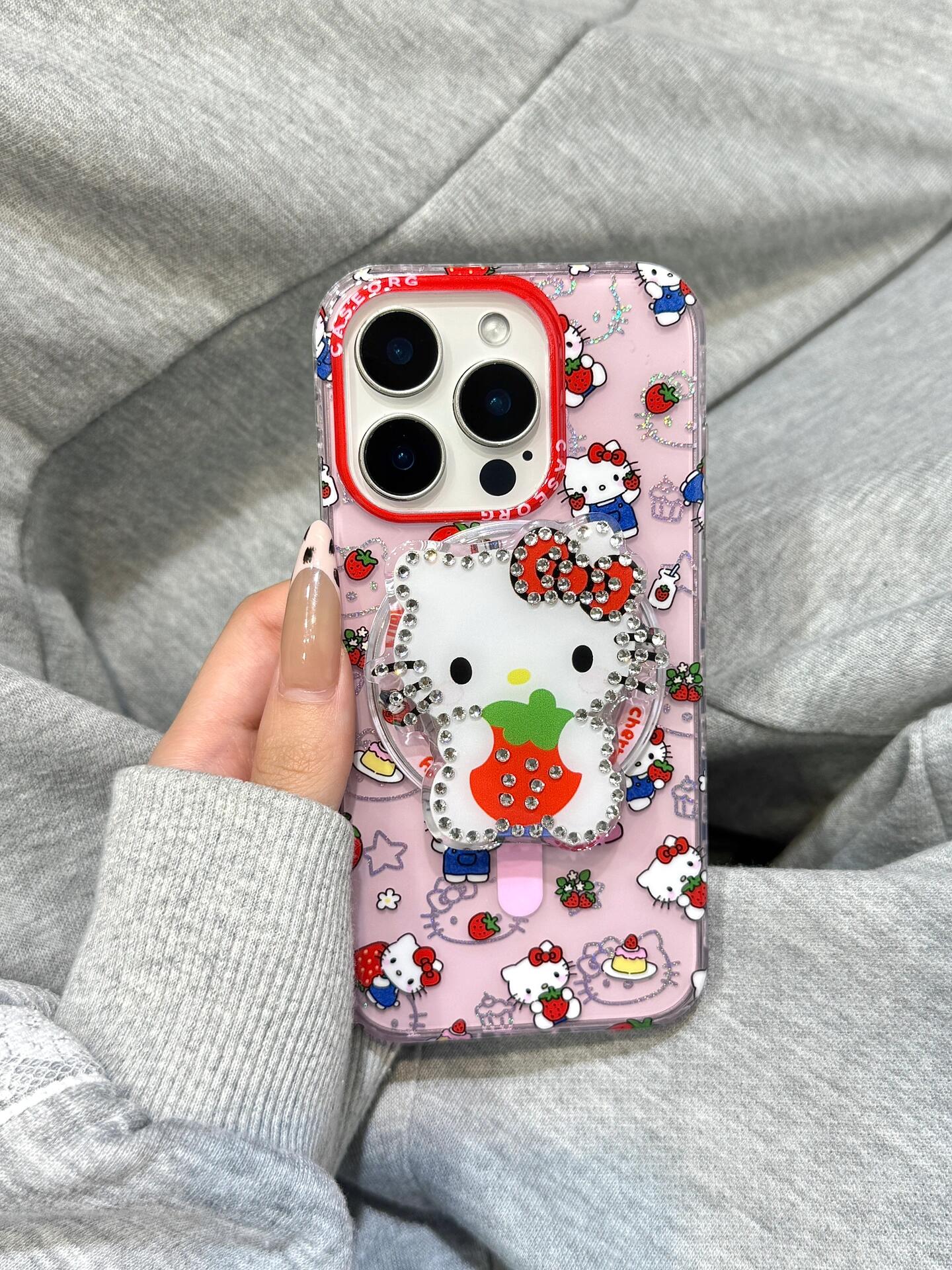 Hellokitty Pink Strawberry Clear Cute Kawaii MagSafe Case + MagSafe Stand Holder / Phone Grip #0498