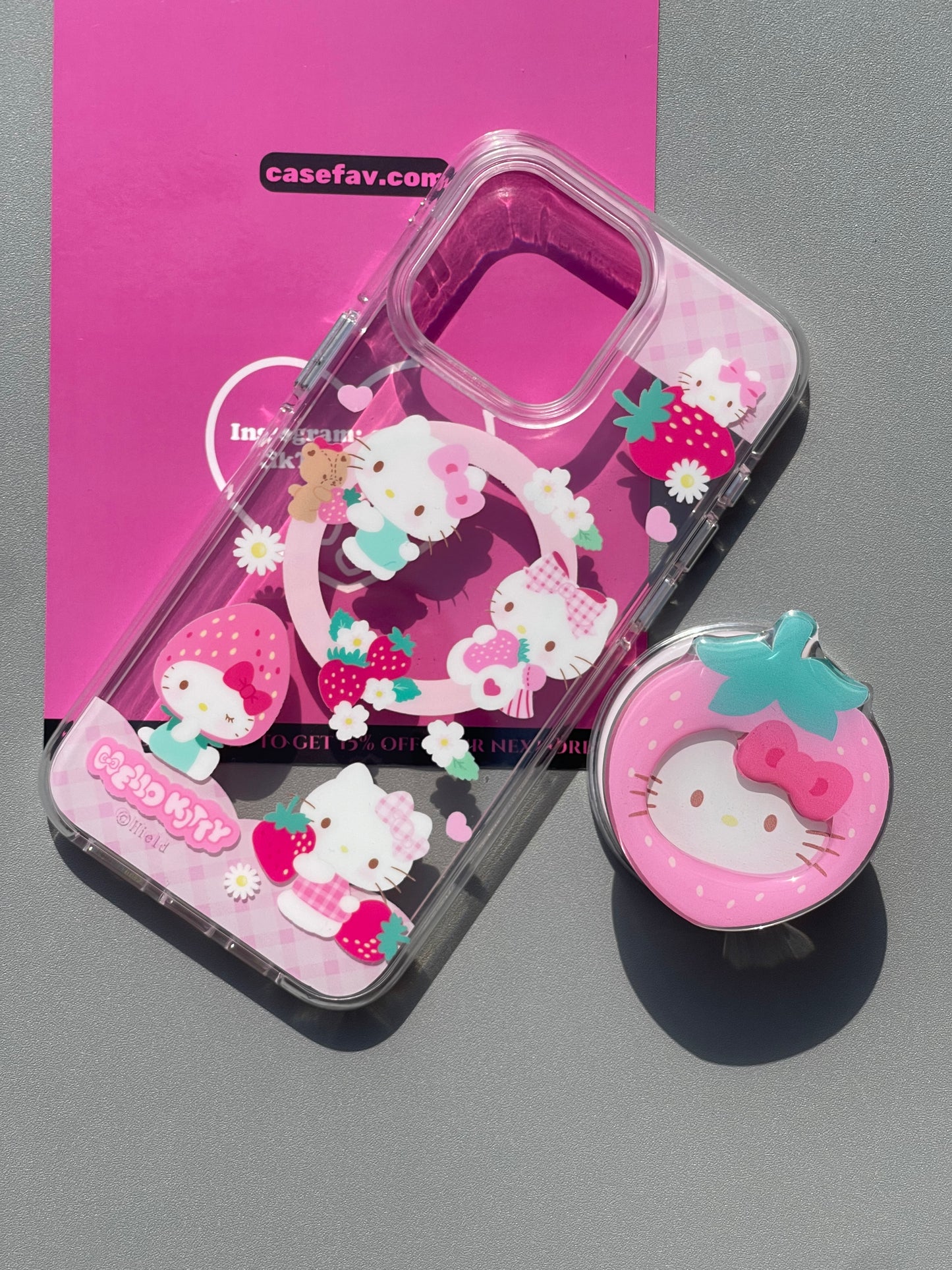 Hellokitty Strawberries Pink Cute Kawaii MagSafe Case + MagSafe Stand Holder / Phone Grip #0473