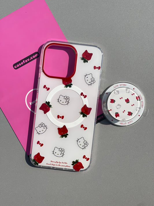 Hellokitty Strawberries White Cute Kawaii MagSafe Case + MagSafe Stand Holder / Phone Grip #0476