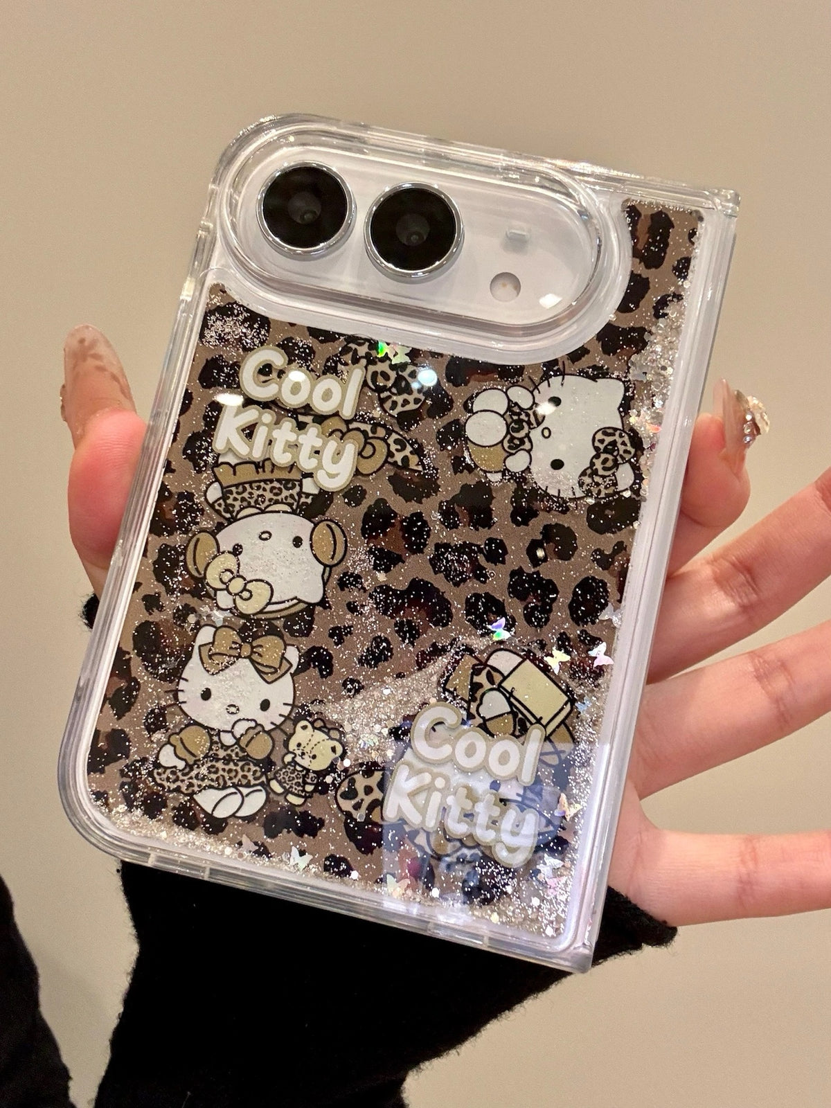 Hellokitty Leopard Print Bling Glitter Liquid Quicksand iPhone Duo Case #0715