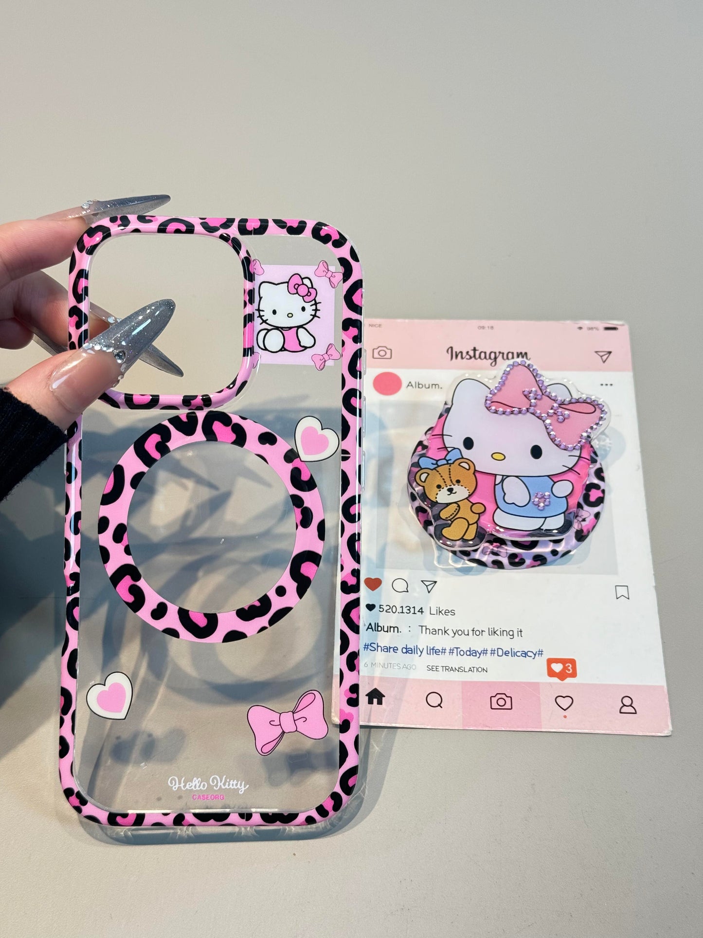 Hellokitty Pink Leopard Print Clear Cute Kawaii MagSafe Case + MagSafe Stand Holder / Phone Grip #0540