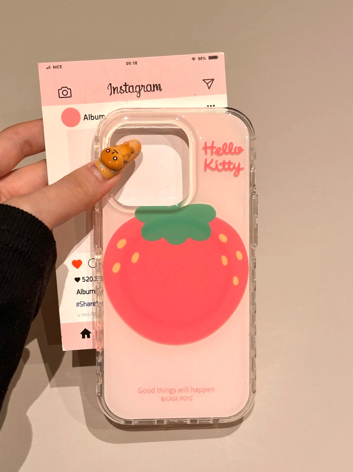 Hellokitty Pink Strawberry Clear Cute Kawaii MagSafe Case + MagSafe Stand Holder / Phone Grip #0511