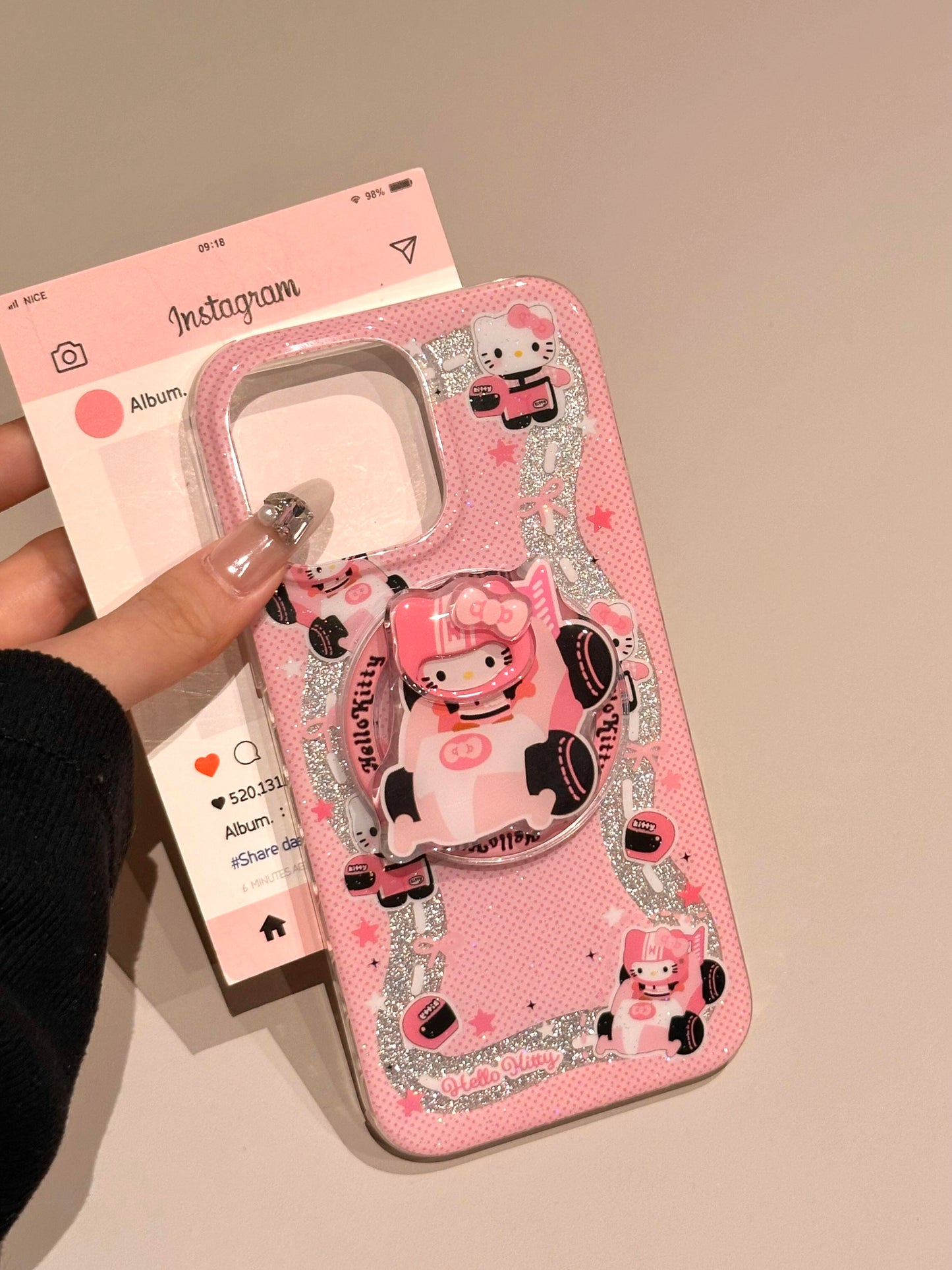 Hellokitty Pink Racing Glitter Cute Kawaii MagSafe Case + MagSafe Stand Holder / Phone Grip #0539