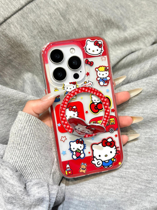 Hellokitty Red Clear Cute Kawaii MagSafe Case + MagSafe Stand Holder / Phone Grip #0563