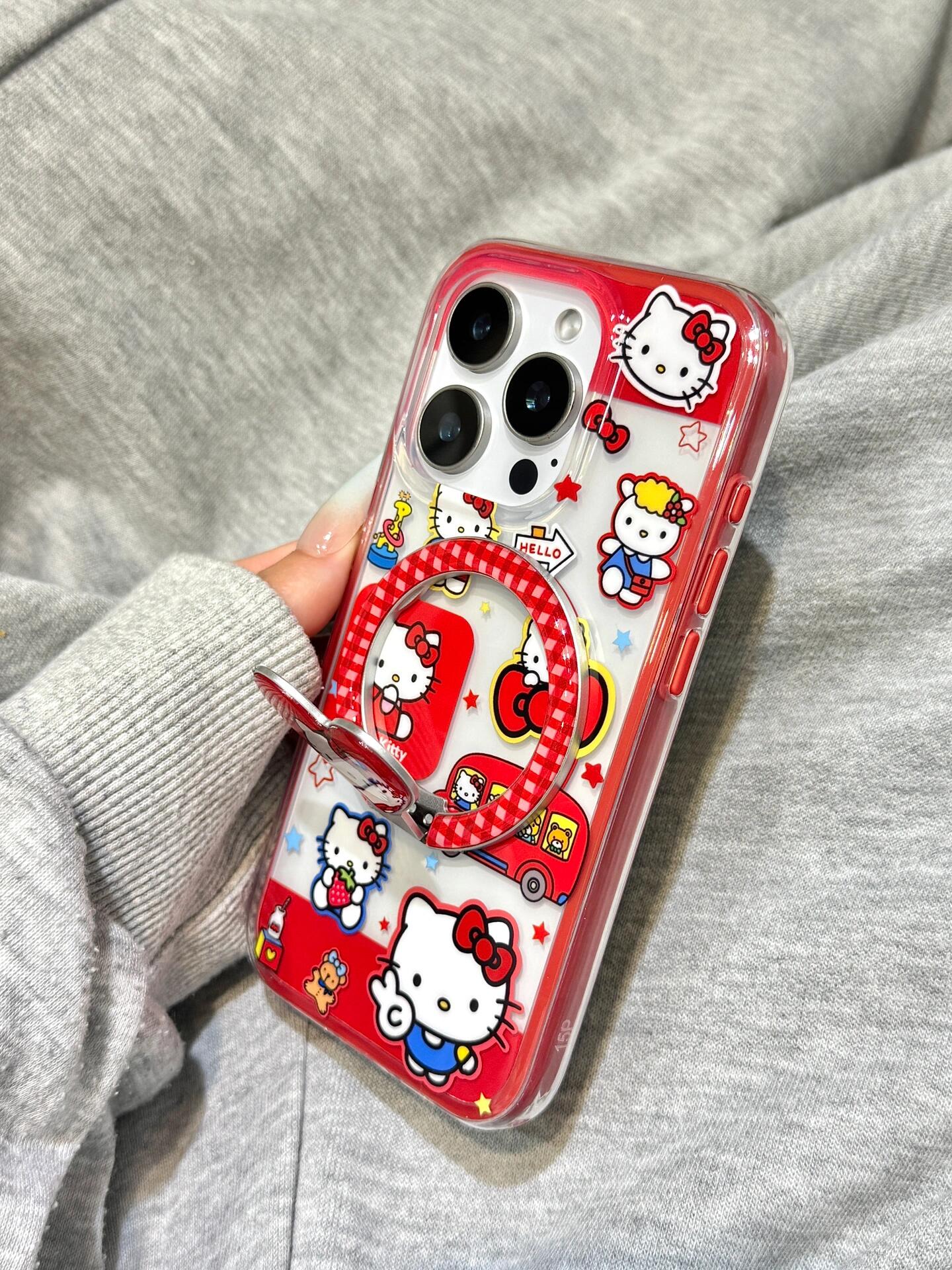 Hellokitty Red Clear Cute Kawaii MagSafe Case + MagSafe Stand Holder / Phone Grip #0563