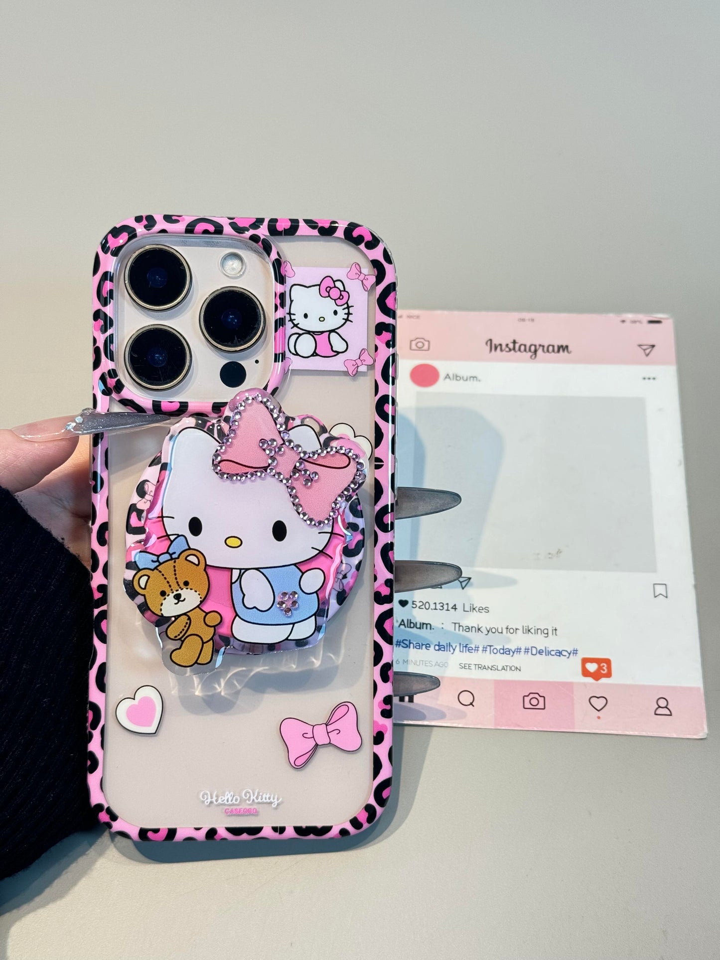 Hellokitty Pink Leopard Print Clear Cute Kawaii MagSafe Case + MagSafe Stand Holder / Phone Grip #0540