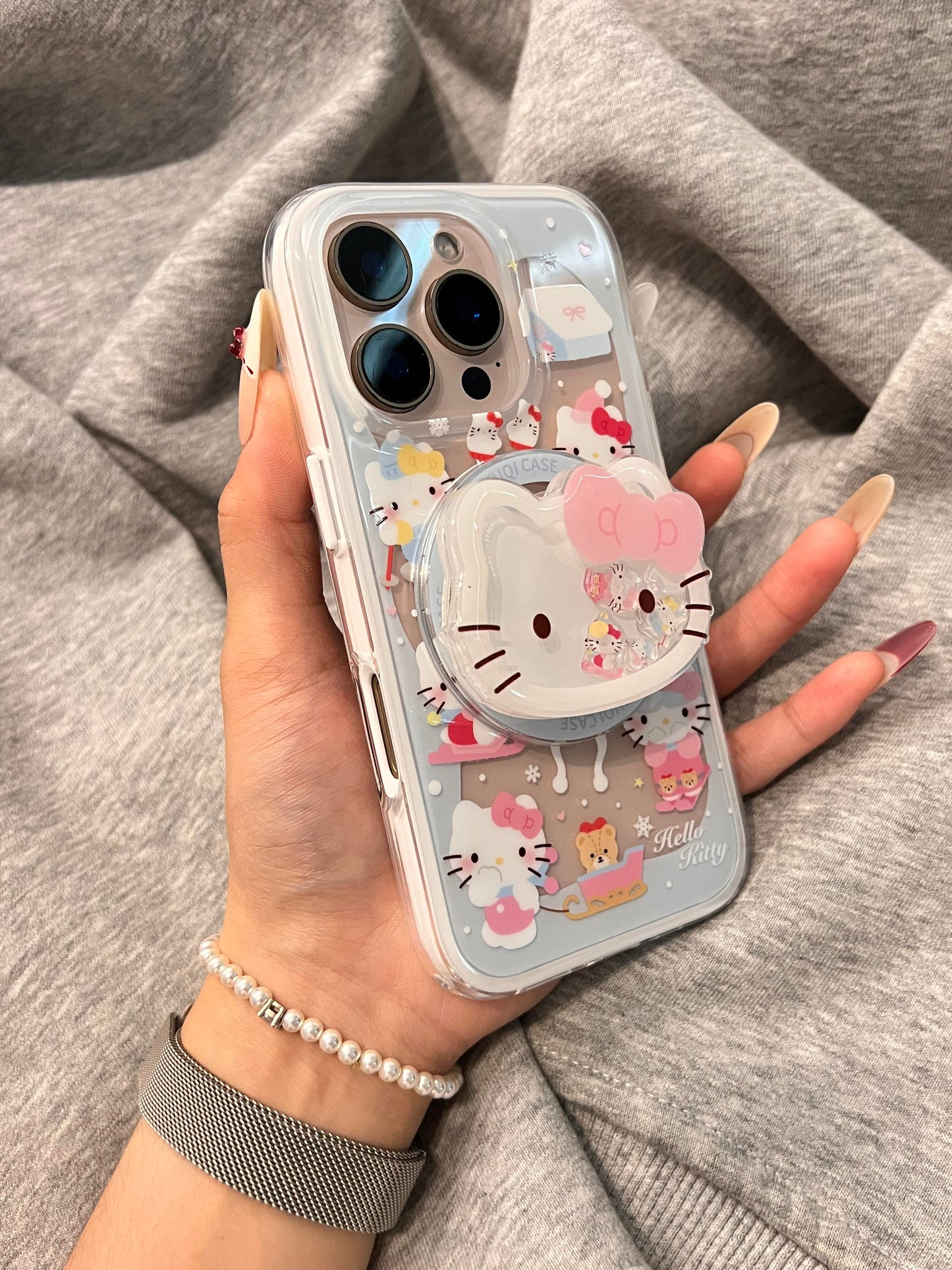 Hellokitty Snow Cute Kawaii MagSafe Case + MagSafe Stand Holder / Phone Grip #0561