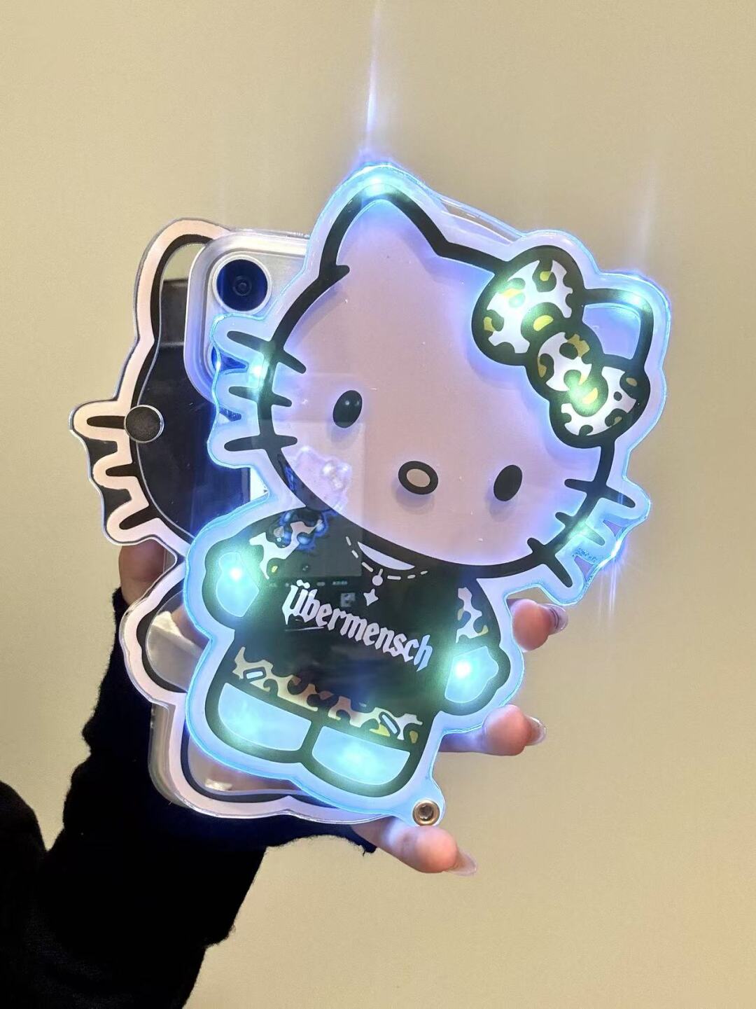 Hellokitty Shaped Leopard Print Folding Mirror Cute Kawaii Phone Case with Phone Chain#0577