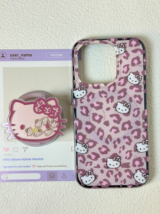 Hellokitty Pink Leopard Print Cute Kawaii MagSafe Case + MagSafe Stand Holder / Phone Grip #0558
