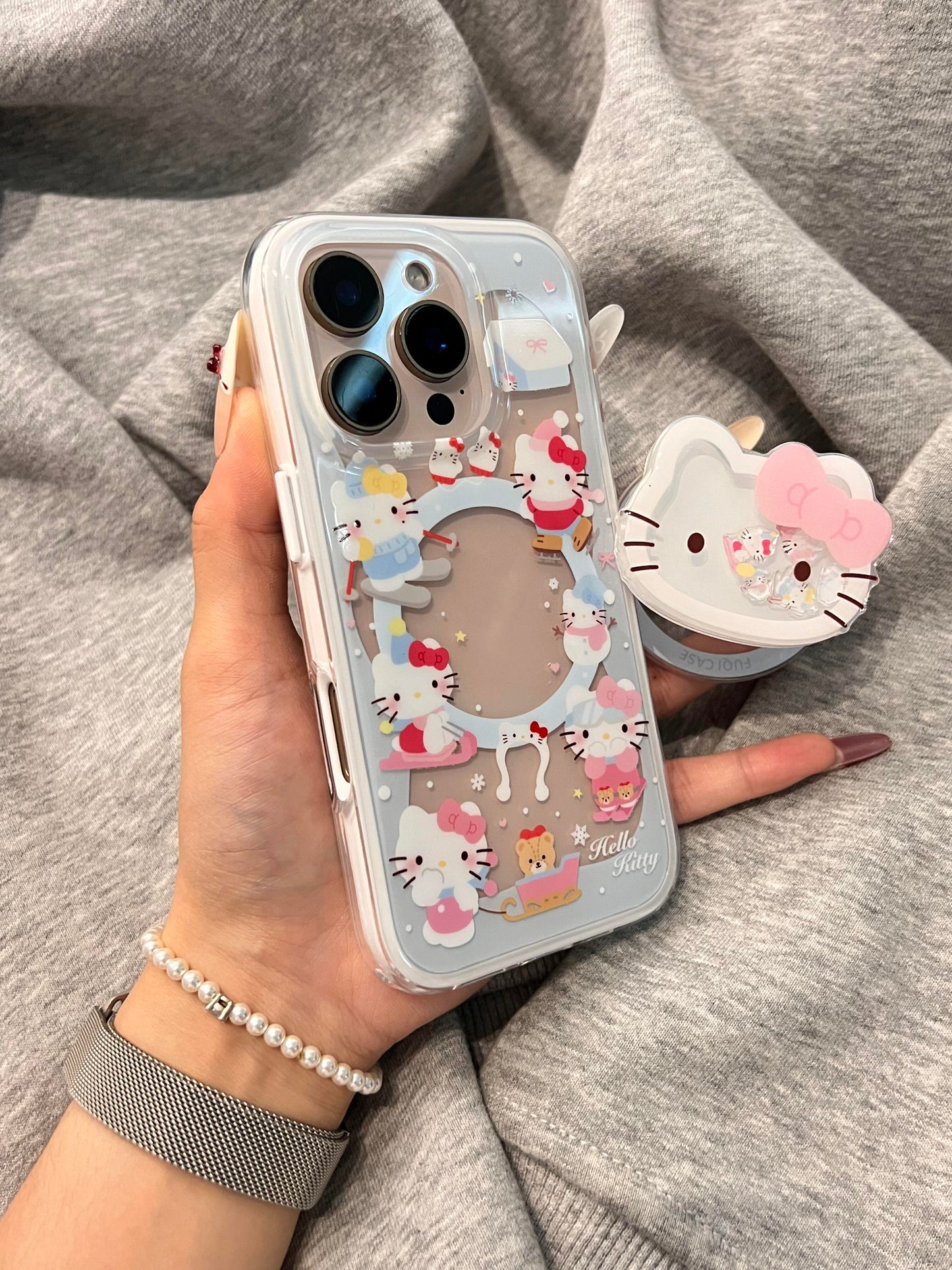 Hellokitty Snow Cute Kawaii MagSafe Case + MagSafe Stand Holder / Phone Grip #0561