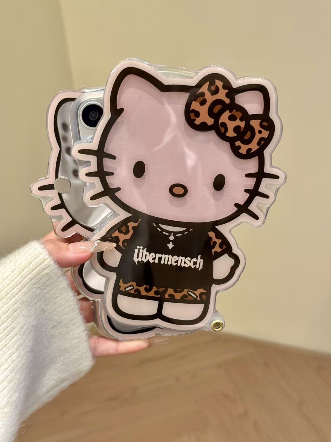 Hellokitty Shaped Leopard Print Folding Mirror Cute Kawaii Phone Case with Phone Chain#0577