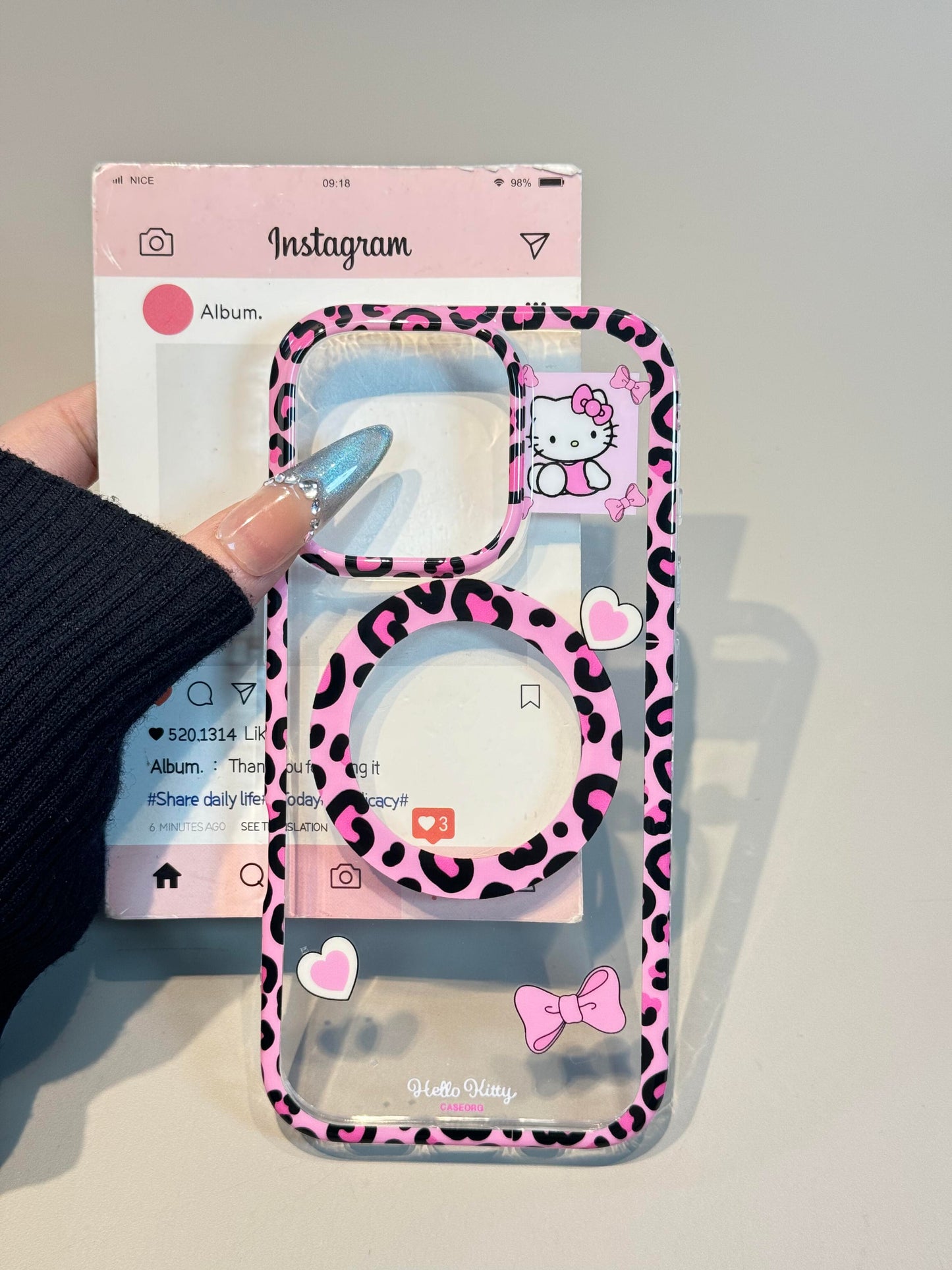 Hellokitty Pink Leopard Print Clear Cute Kawaii MagSafe Case + MagSafe Stand Holder / Phone Grip #0540