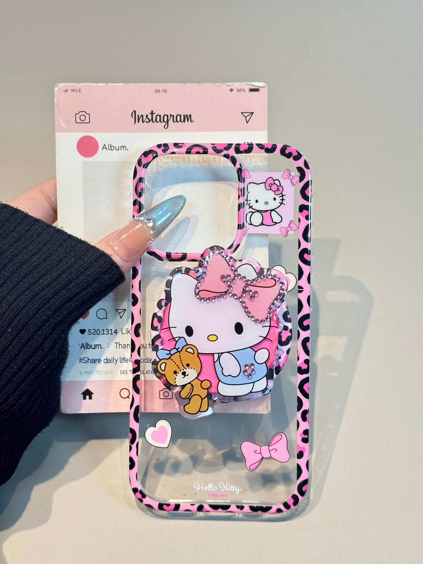 Hellokitty Pink Leopard Print Clear Cute Kawaii MagSafe Case + MagSafe Stand Holder / Phone Grip #0540
