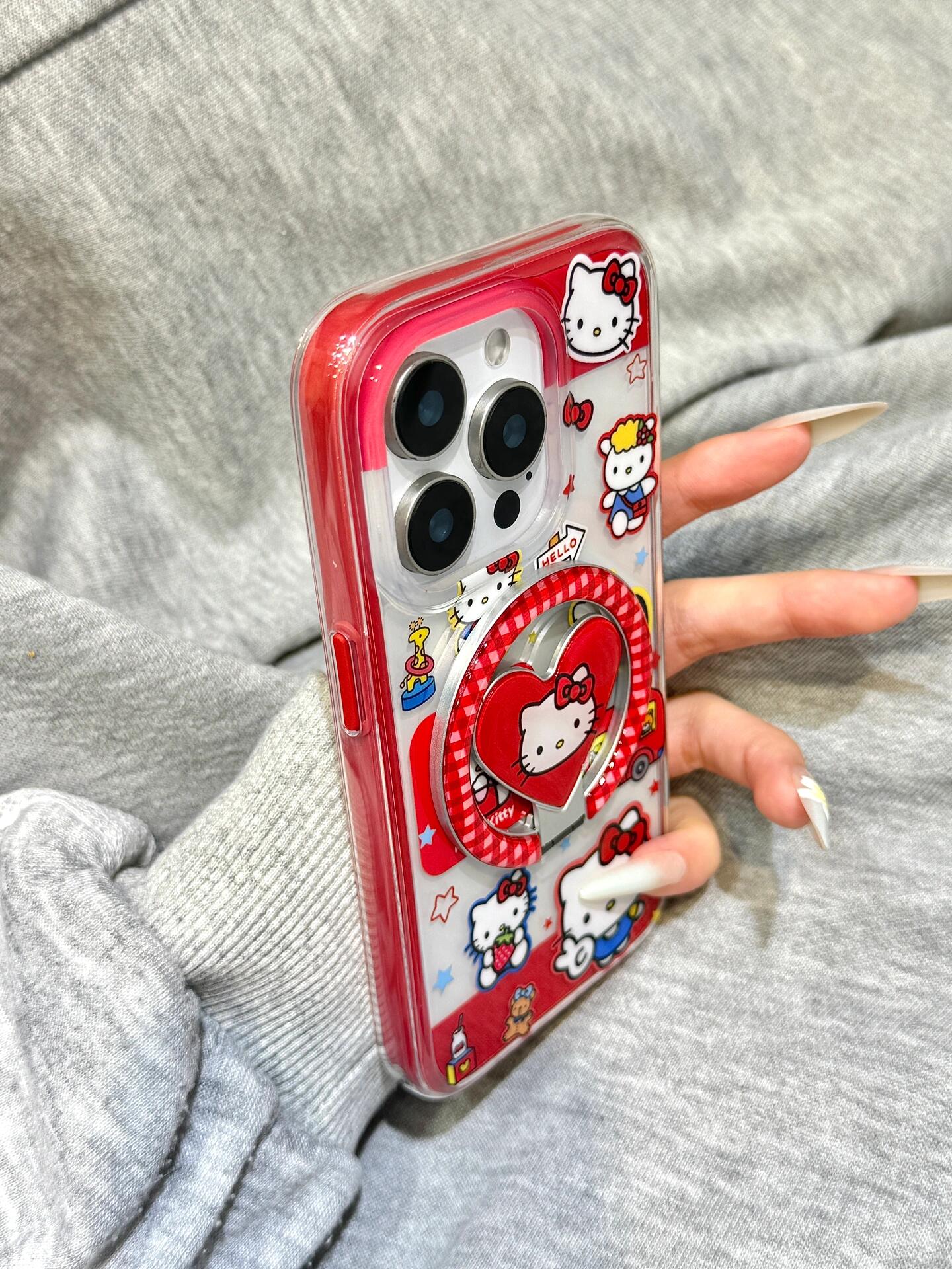 Hellokitty Red Clear Cute Kawaii MagSafe Case + MagSafe Stand Holder / Phone Grip #0563