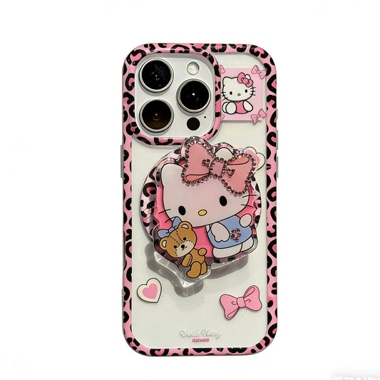 Hellokitty Pink Leopard Print Clear Cute Kawaii MagSafe Case + MagSafe Stand Holder / Phone Grip #0540