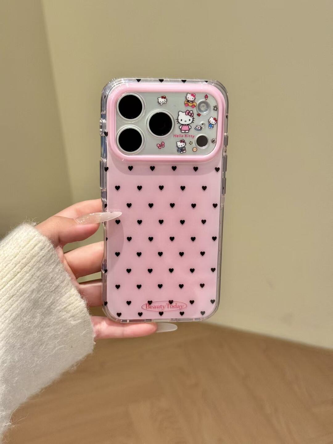 Hellokitty Black Heart Print Pink Cute Kawaii Phone Case #600