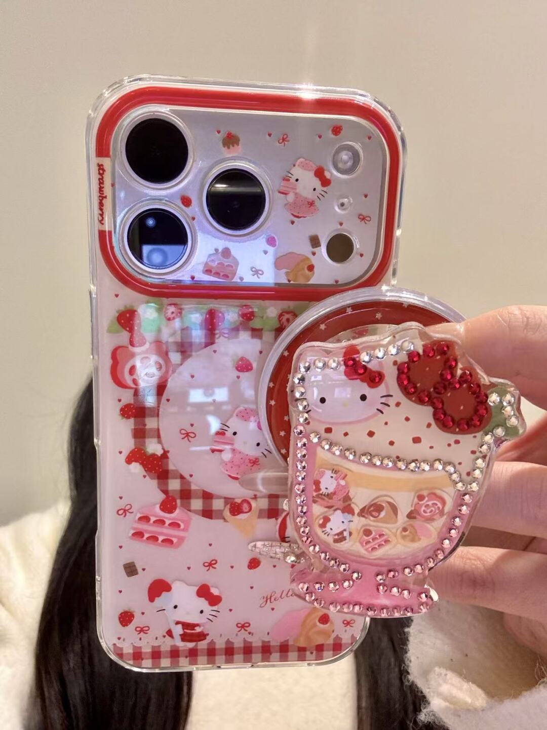 Hello Kitty Cute Strawberry Kawaii MagSafe Case + MagSafe Stand Holder / Phone Grip#621