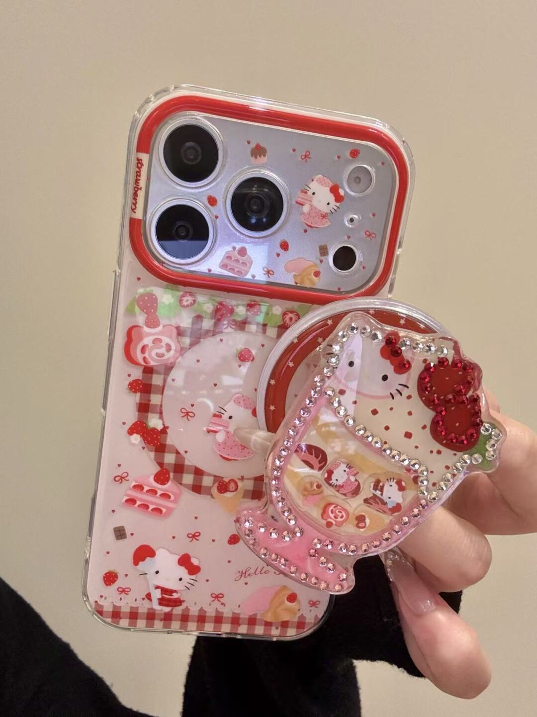 Hello Kitty Cute Strawberry Kawaii MagSafe Case + MagSafe Stand Holder / Phone Grip#621