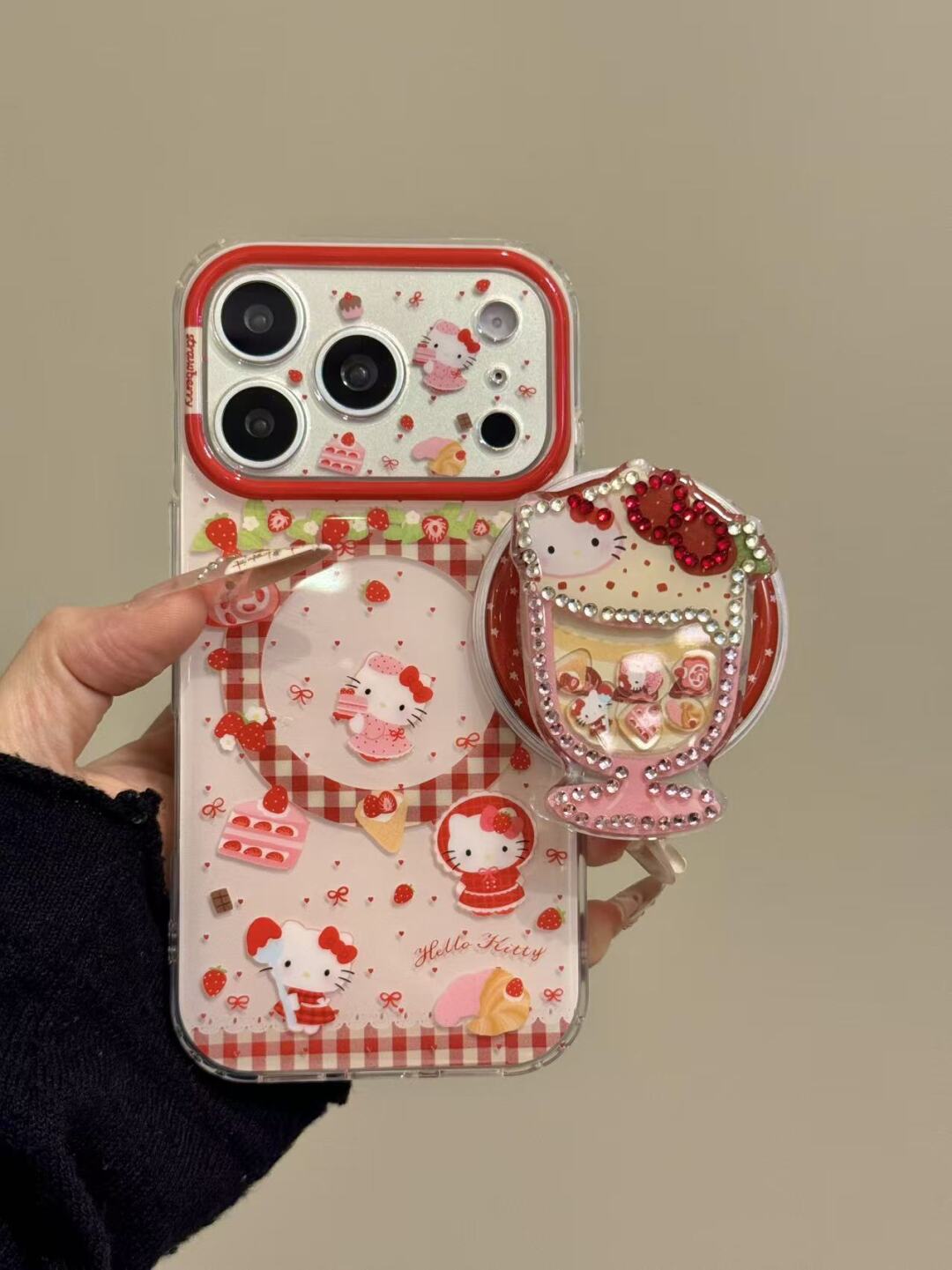 Hello Kitty Cute Strawberry Kawaii MagSafe Case + MagSafe Stand Holder / Phone Grip#621