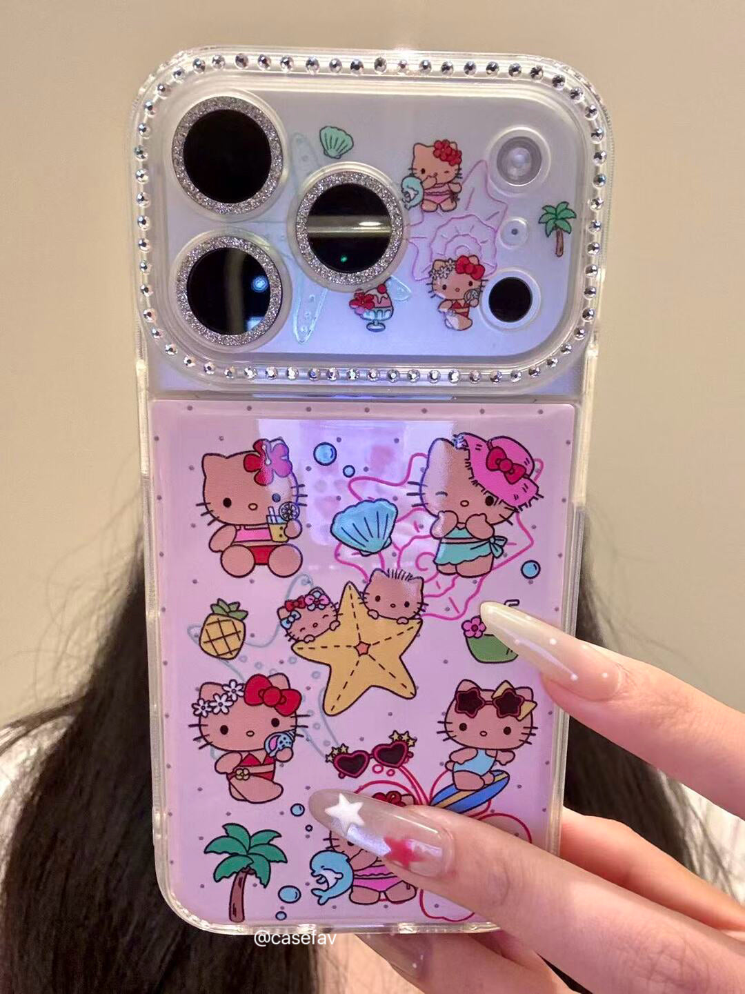 Hello Kitty Pink Hawaii Rhinestone-Embellished Lens Frame Phone Case #627