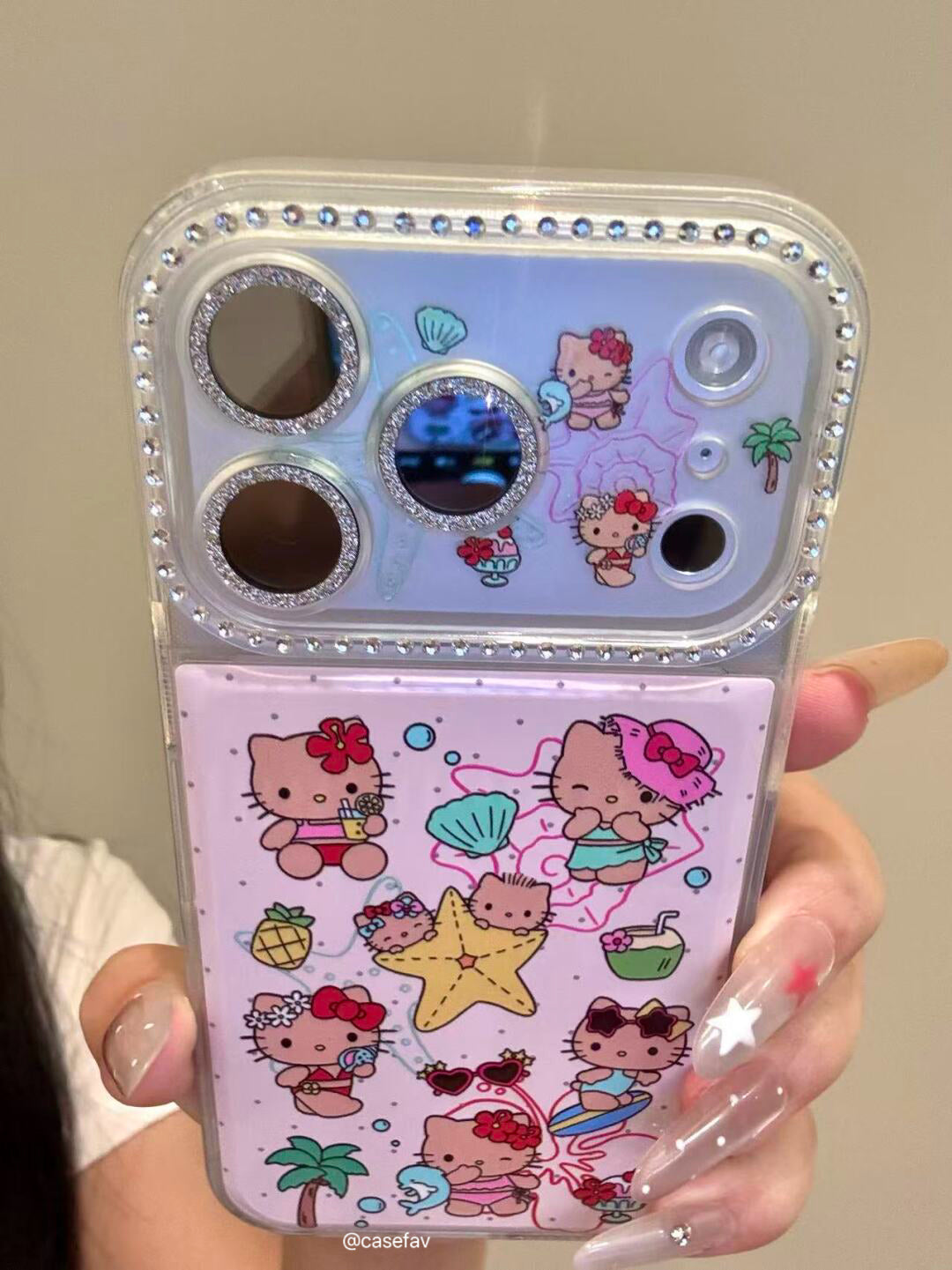 Hello Kitty Pink Hawaii Rhinestone-Embellished Lens Frame Phone Case #627