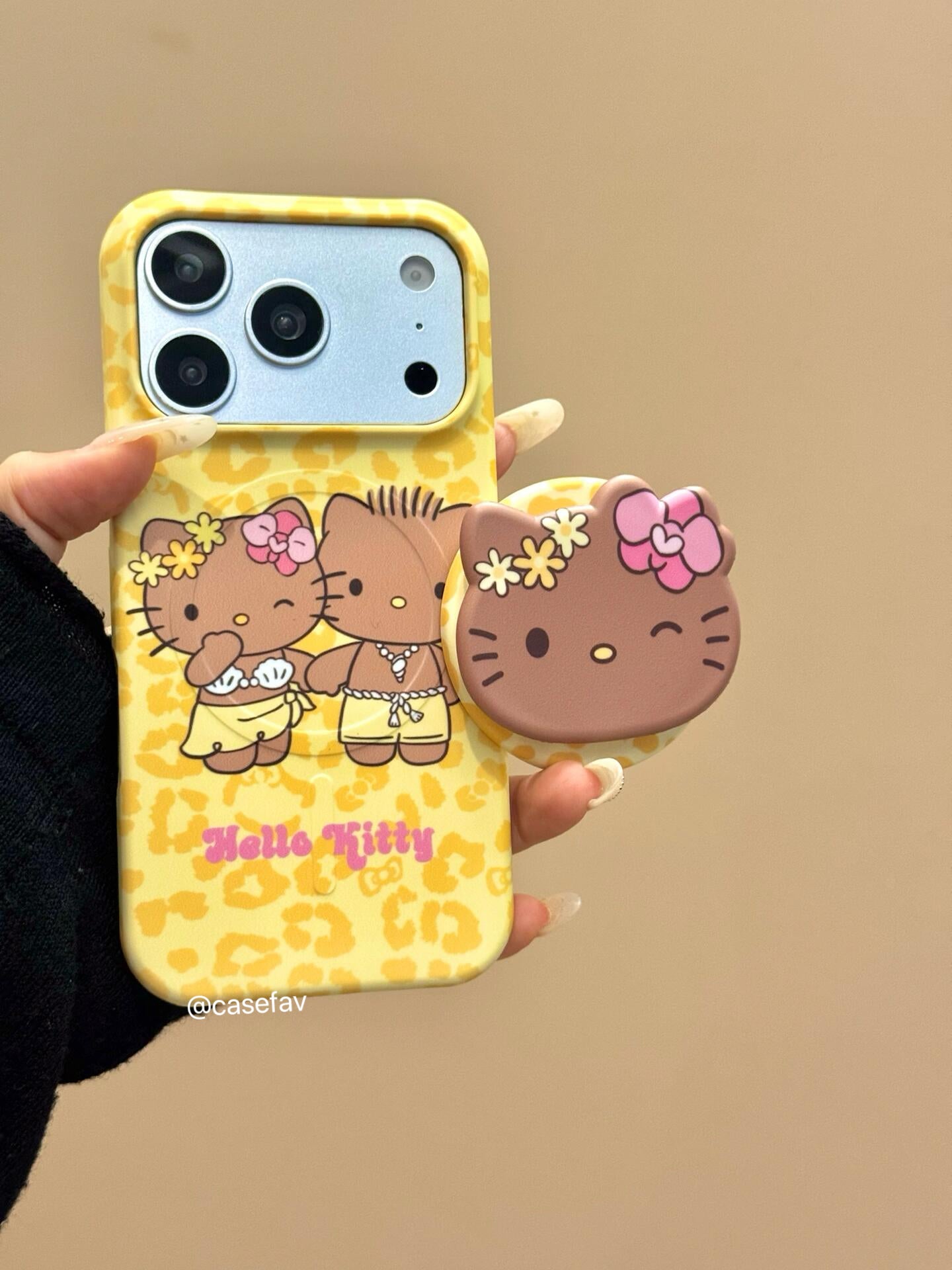 Hello Kitty & Daniel Yellow Leopard Print MagSafe Case + MagSafe Stand Holder / Phone Grip #0634