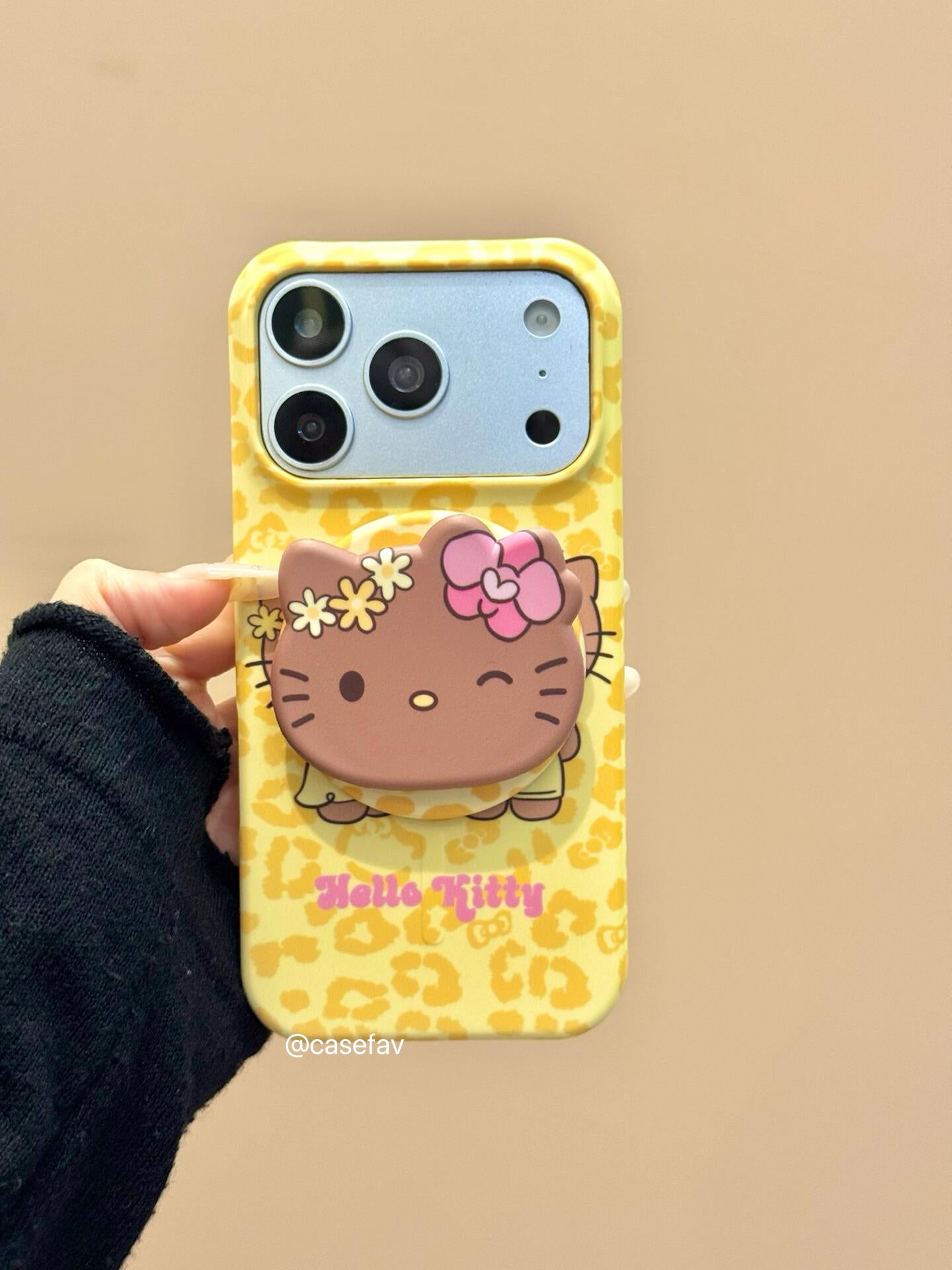 Hello Kitty & Daniel Yellow Leopard Print MagSafe Case + MagSafe Stand Holder / Phone Grip #0634