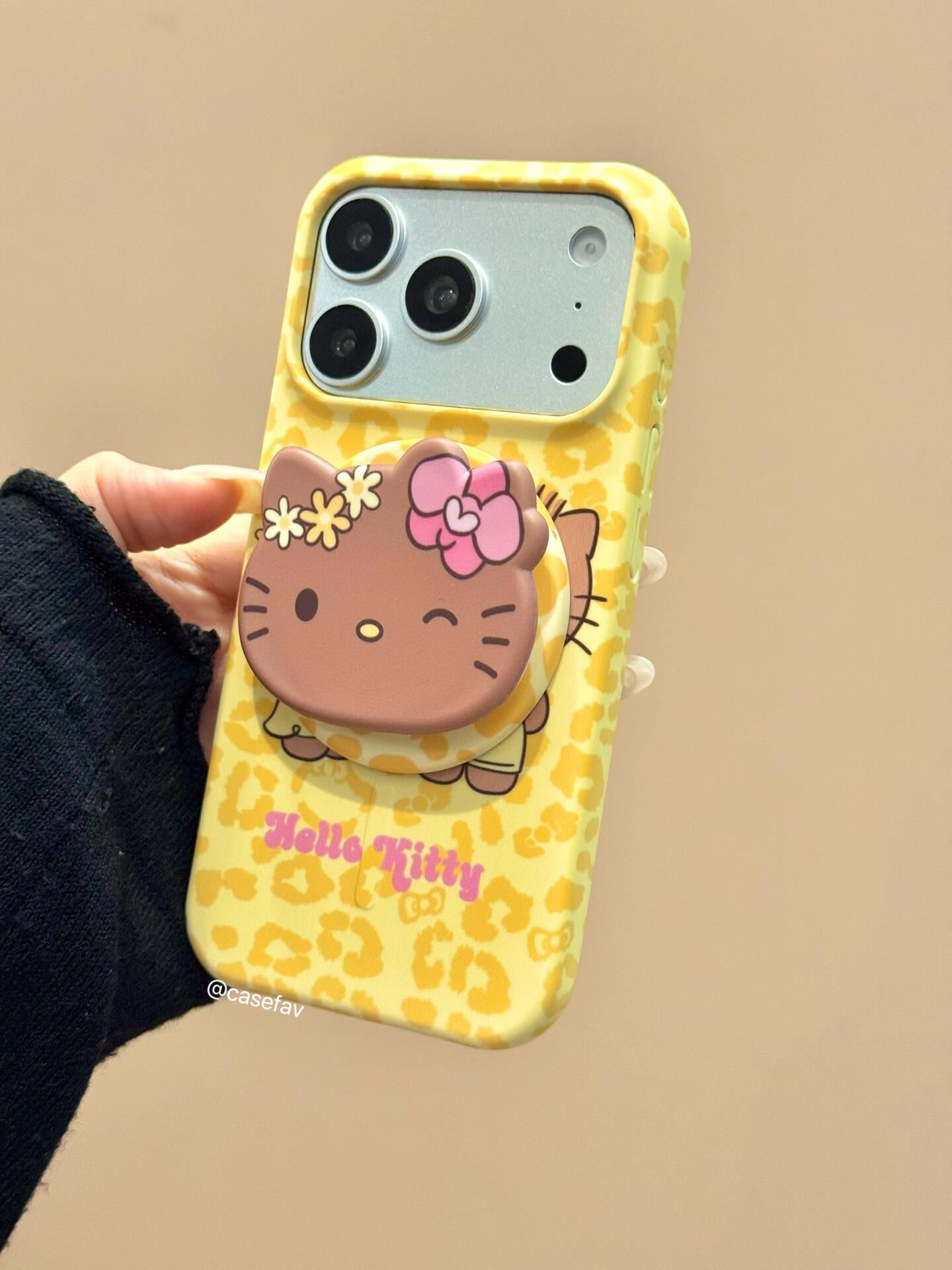 Hello Kitty & Daniel Yellow Leopard Print MagSafe Case + MagSafe Stand Holder / Phone Grip #0634